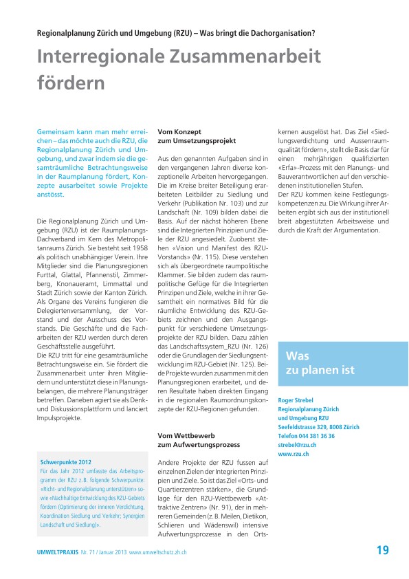 Zürcher Umweltpraxis 71: Interregionale Zusammenarbeit fördern: Regionalplanung Zürich und Umgebung (RZU) – Was bringt die Dachorganisation?