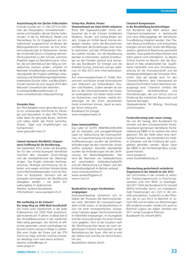 Zürcher Umweltpraxis 73: Vermischtes, Veranstaltungen, Publikationen