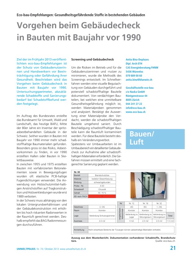 Eco-bau-Empfehlungen: Gesundheitsgefährdende Stoffe in bestehenden Gebäuden - Vorgehen beim Gebäudecheck in Bauten mit Baujahr vor 1990