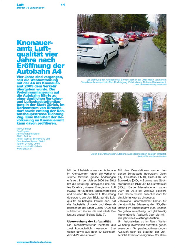 Knonaueramt: Luftqualität vier Jahre nach der Eröffnung der Autobahn A4