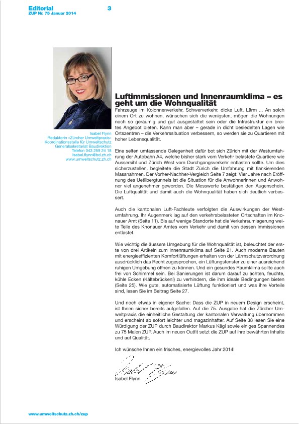 Zürcher Umweltpraxis 75: Editorial, Luftemissionen und Innenraumklima – es geht um die Wohnqualität