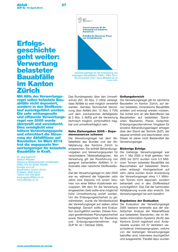 Zürcher Umweltpraxis 76: Erfolgsgeschichte geht weiter: Verwertung belasteter Bauabfälle im Kanton Zürich