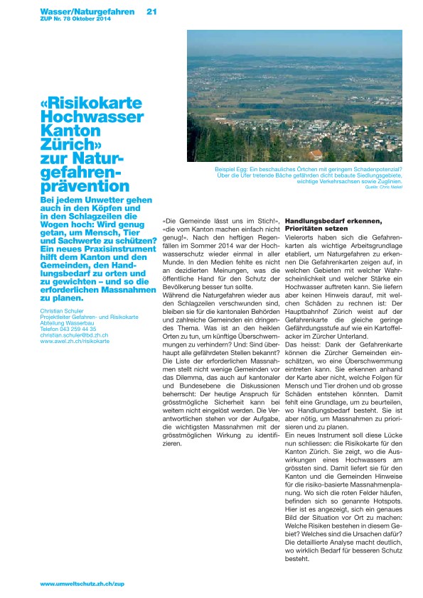 Zürcher Umweltpraxis 78: Risikokarte Hochwasser Kanton Zürich, zur Naturgefahrenprävention