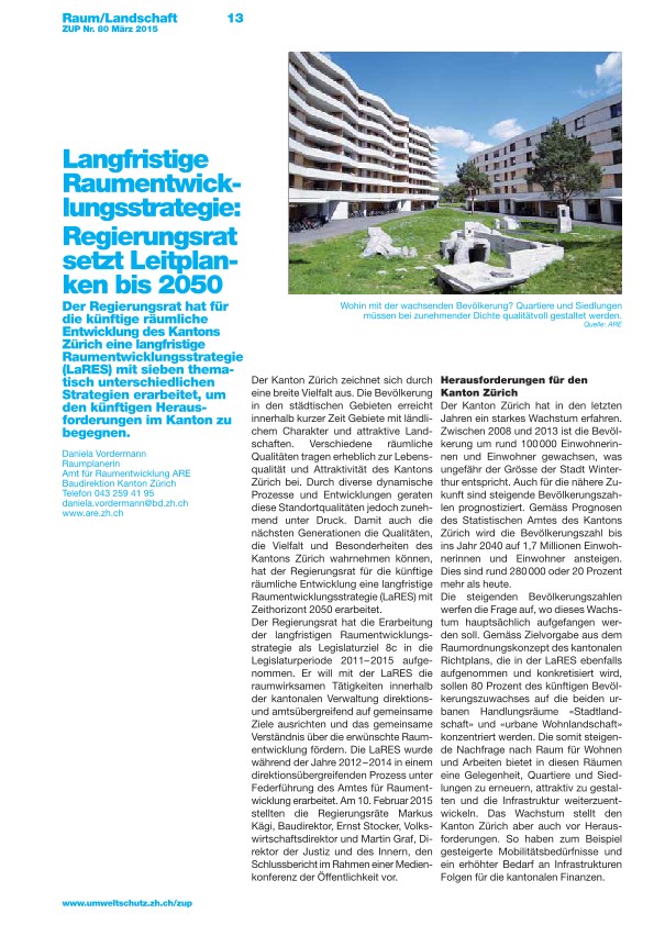 Zürcher Umweltpraxis 80: Langfristige Raumentwicklungsstrategie:Regierungsrat setzt Leitplanke