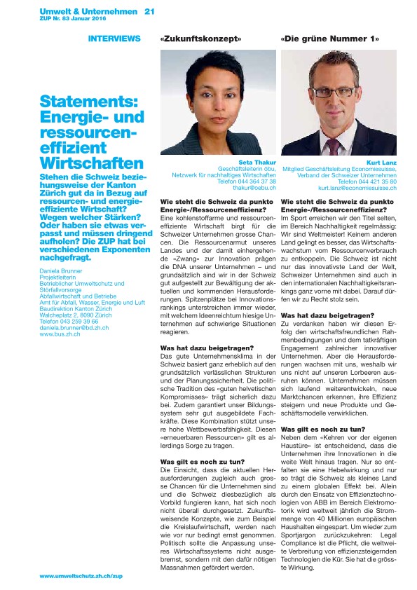 Zürcher Umweltpraxis 83: Statements: Energie- und ressourceneffizient Wirtschaften