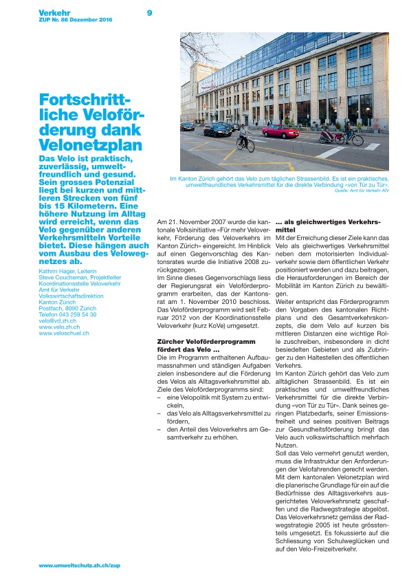 Zürcher Umweltpraxis 86: Fortschrittliche Veloförderung dank Velonetzplan