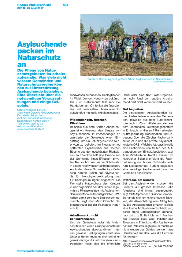 Zürcher Umweltpraxis 87: Asylsuchende packen im Naturschutz an