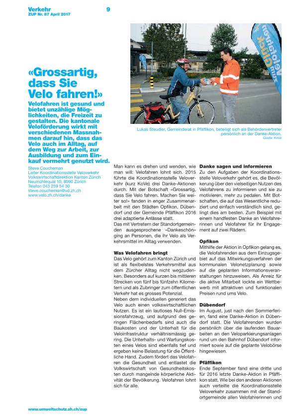 Zürcher Umweltpraxis 87: Grossartig, dass Sie Velo fahren!