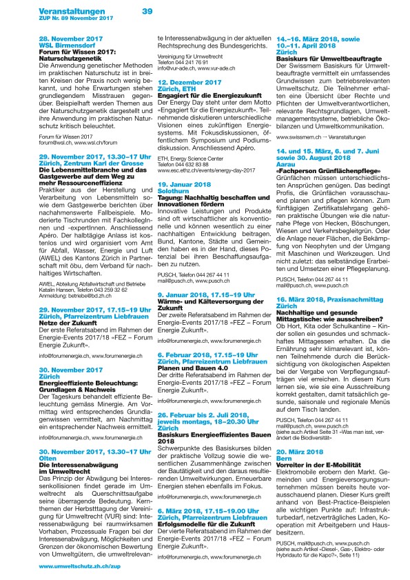 Zürcher Umweltpraxis 89: Veranstaltungen