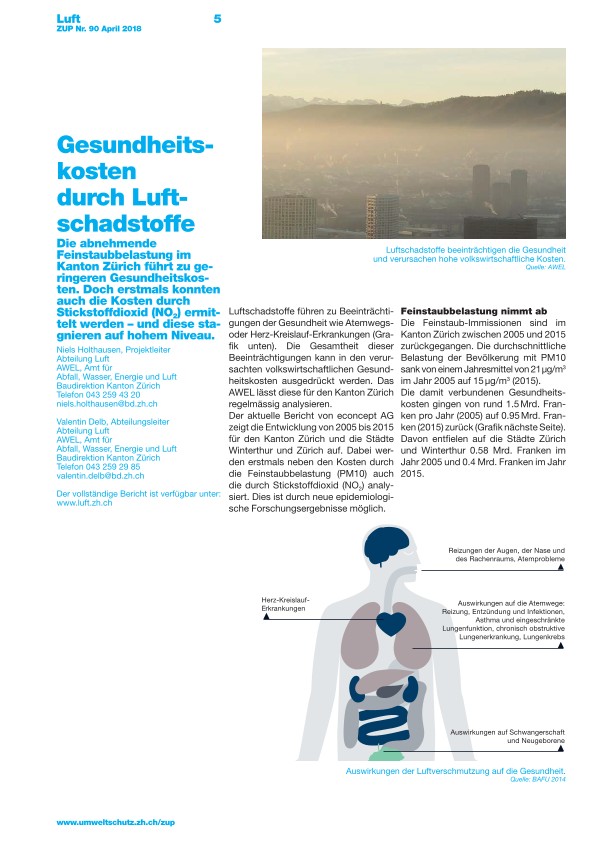 Zürcher Umweltpraxis 90: Gesundheitskosten durch Luftschadstoffe