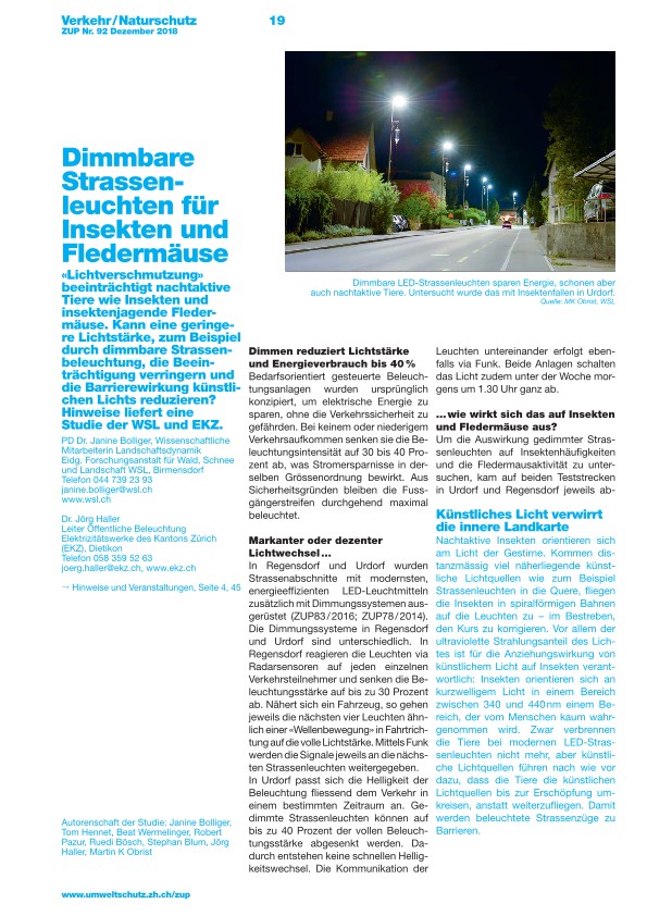 Zürcher Umweltpraxis 92: Dimmbare Strassenleuchten für Insekten und Fledermäuse