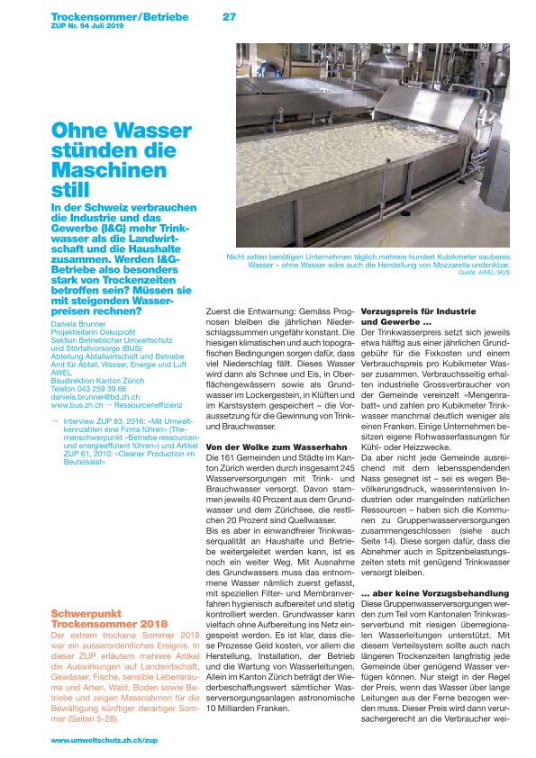 Zürcher Umweltpraxis 94: Ohne Wasser stünden die Maschinen still