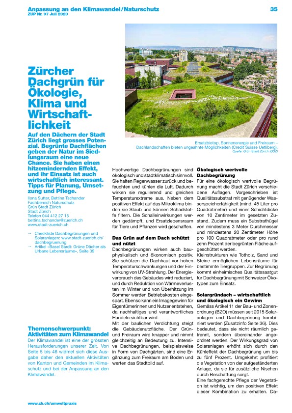 Zürcher Umweltpraxis 97: Zürcher Dachgrün für Oekologie, Klima und Wirtschaftlichkeit