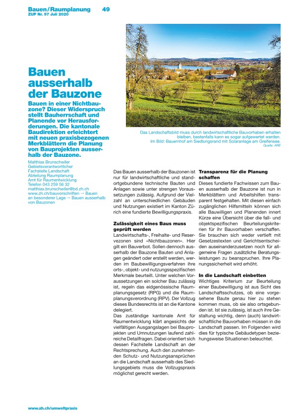 Zürcher Umweltpraxis 97: Bauen ausserhalb der Bauzone