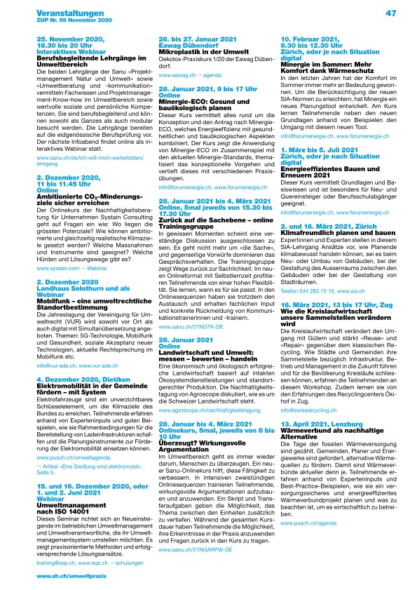  Zürcher Umweltpraxis und Raumentwicklung 98: Veranstaltungen