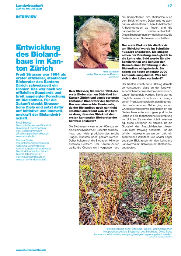 Zürcher Umweltpraxis und Raumentwicklung 100: Entwicklung des Biolandbaus im Kanton Zürich