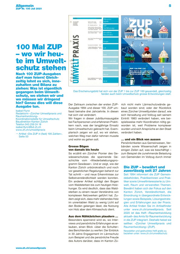 Zürcher Umweltpraxis und Raumentwicklung 100: 100 Mal ZUP – wo wir heute im Umweltschutz stehen