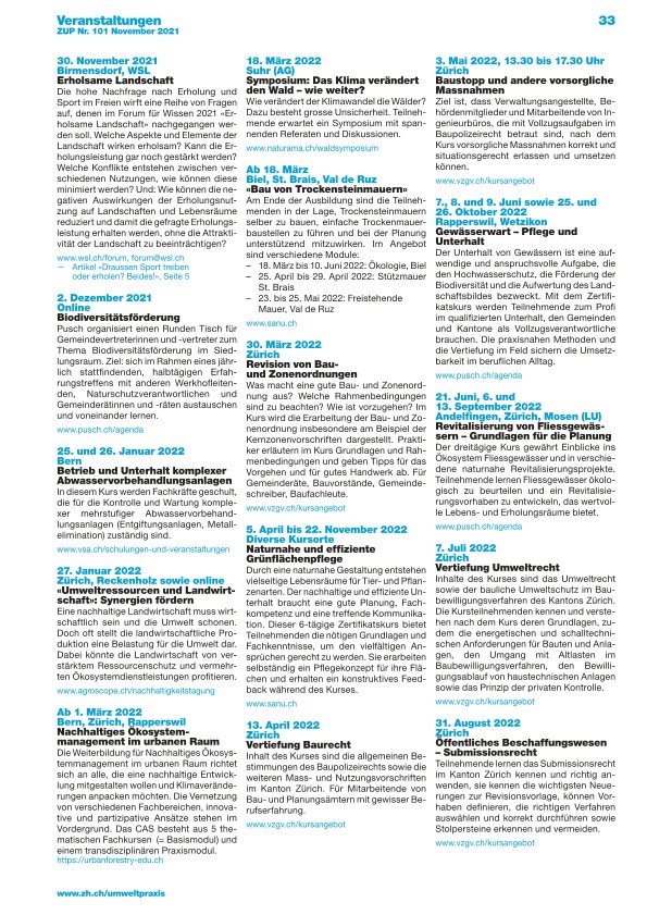 Zürcher Umweltpraxis und Raumentwicklung 101: Veranstaltungen