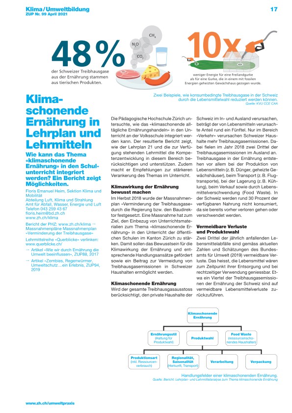 Zürcher Umweltpraxis und Raumentwicklung 99: Klimaschonende Ernährung in Lehrplan und Lehrmitteln