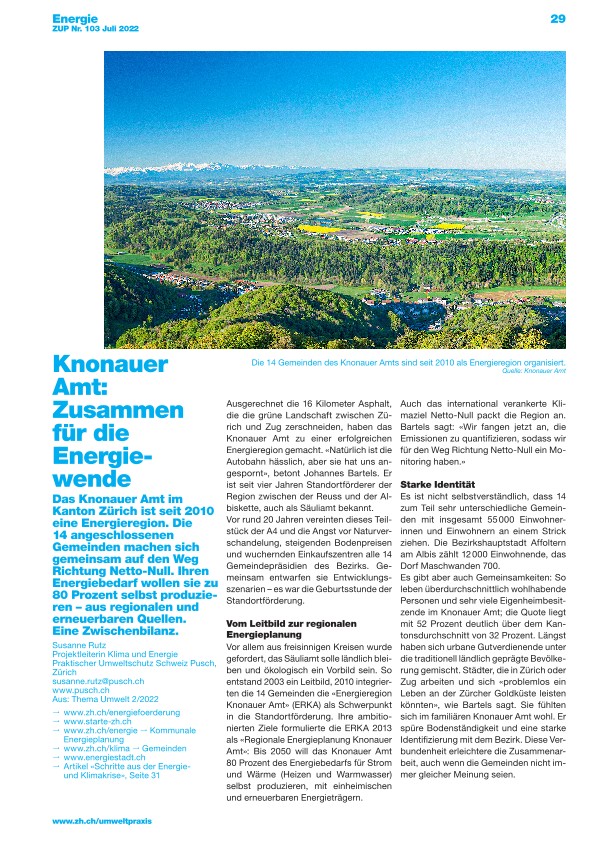 Zürcher Umweltpraxis und Raumentwicklung 103: Zwischenbilanz zur Energiewende im Knonauer Amt
