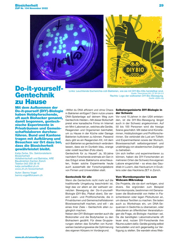   Zürcher Umweltpraxis und Raumentwicklung 104: Do-it-yourself-Gentechnik zu Hause