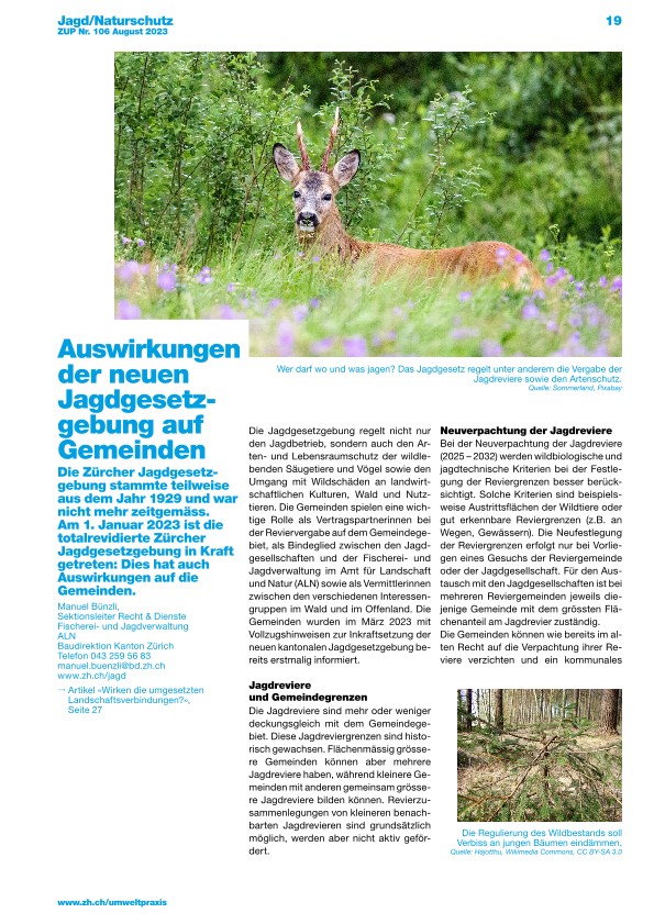 Zürcher Umweltpraxis und Raumentwicklung 106: Auswirkungen der neuen Jagdgesetzgebung