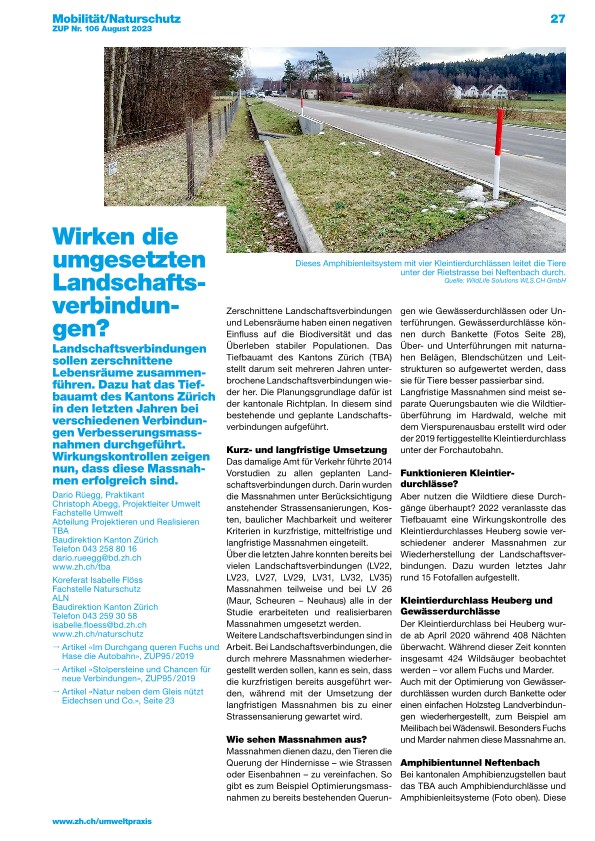 Zürcher Umweltpraxis und Raumentwicklung 106: Wirken die Landschaftsverbindungen?