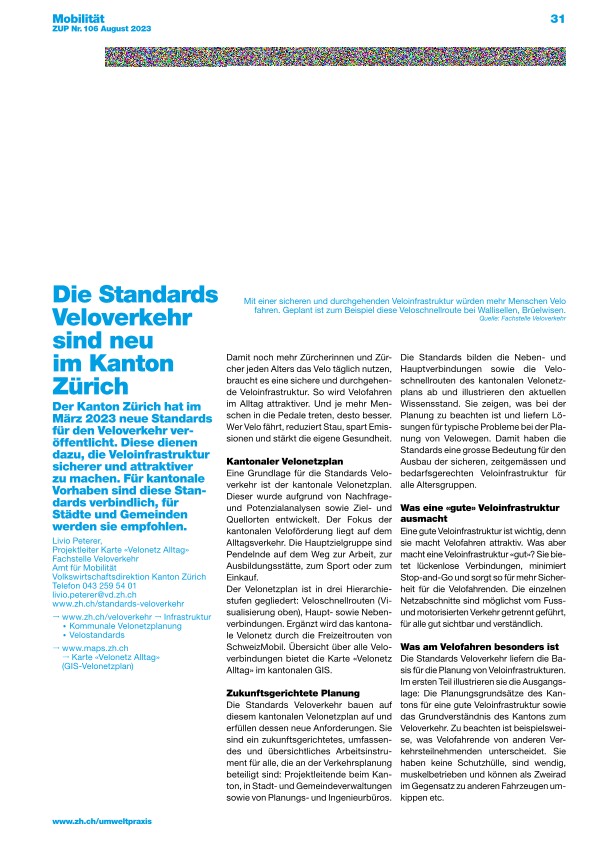 Neue Standards für Veloverkehr im Kanton Zürich