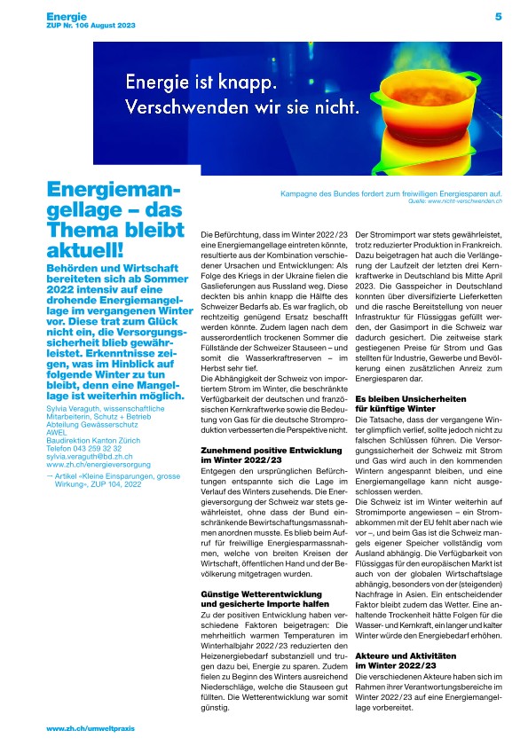 Zürcher Umweltpraxis und Raumentwicklung 106: Vor- und Nachbereitungen für eine Energiemangellage