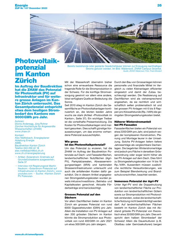 Viel Potenzial für Photovoltaik im Kanton Zürich 