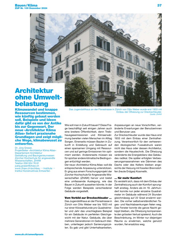 Zürcher Umweltpraxis und Raumentwicklung 109: Architektur ohne Umweltbelastung