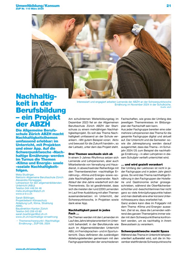 Zürcher Umweltpraxis und Raumentwicklung 110: Nachhaltigkeit in der Berufsbildung