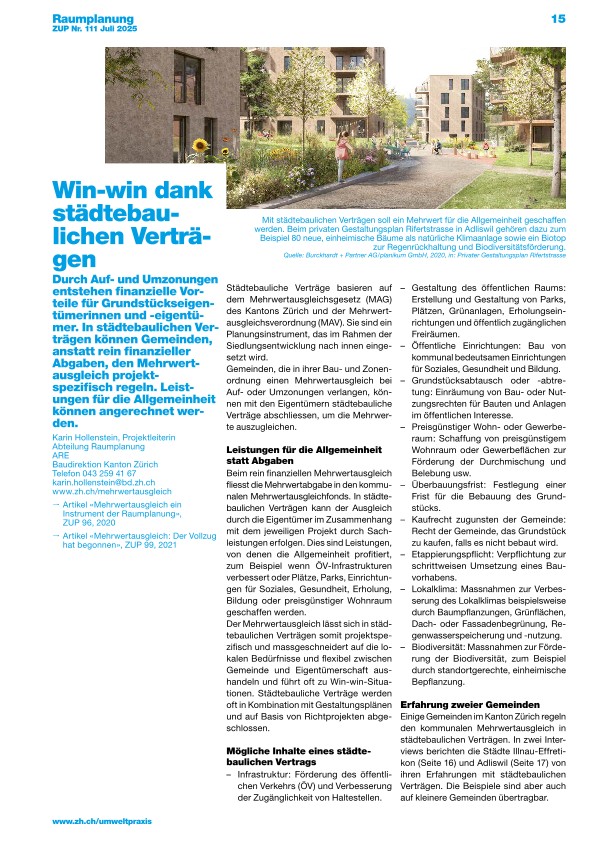 Zürcher Umweltpraxis und Raumentwicklung 111: Städtebauliche Verträge schaffen für beide Seiten einen Mehrwert