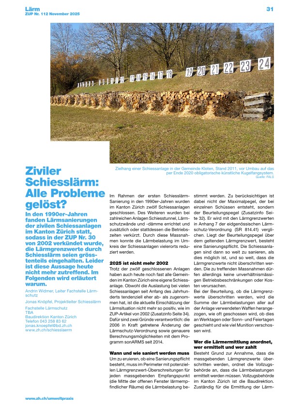 Zürcher Umweltpraxis und Raumentwicklung 112: Schiesslärmsituation wird mittlerweile anders eingeschätzt
