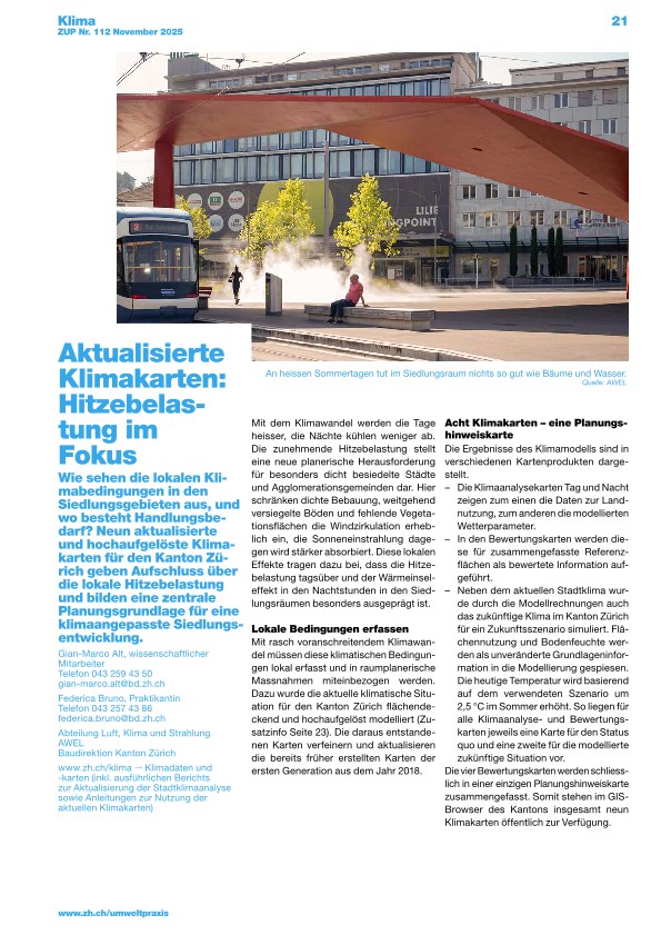 Zürcher Umweltpraxis und Raumentwicklung 112: Aktualisierte Klimakarten zeigen Hitzebelastung