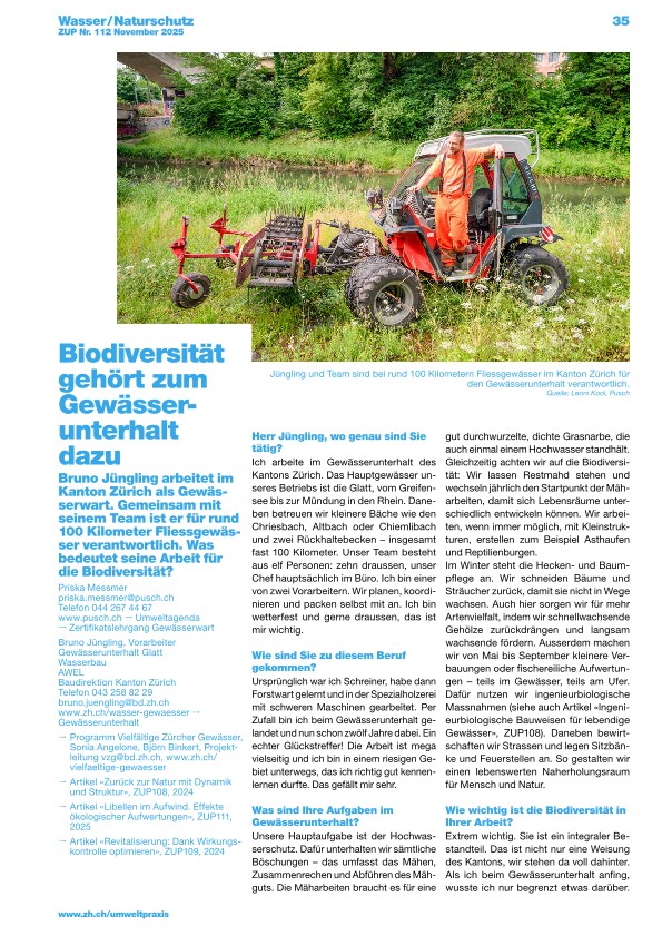 Zürcher Umweltpraxis und Raumentwicklung 112: Biodiversität gehört beim Gewässerunterhalt dazu
