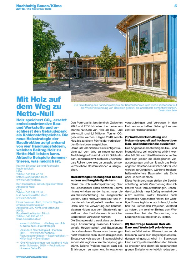 Zürcher Umweltpraxis und Raumentwicklung 112: Mit Holz auf dem Weg zu Netto-Null
