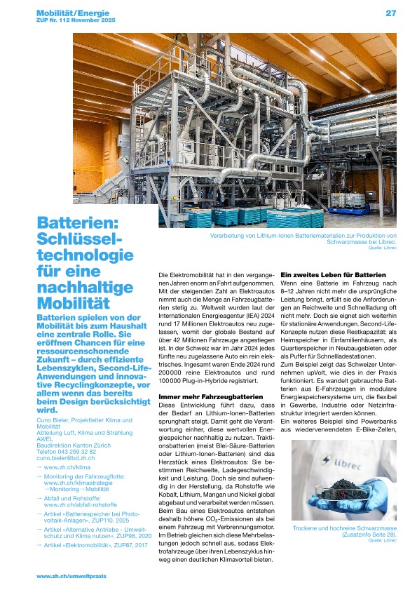 Zürcher Umweltpraxis und Raumentwicklung 112: Batterien als Schlüssel für eine nachhaltige Mobilität