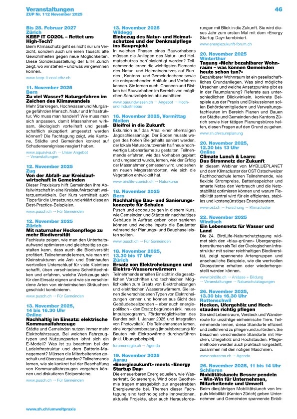Zürcher Umweltpraxis und Raumentwicklung 112: Veranstaltungen