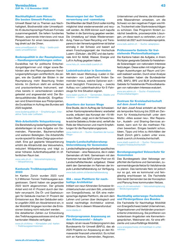 Zürcher Umweltpraxis und Raumentwicklung 112: Vermischtes 