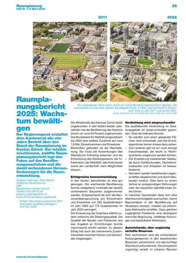 Zürcher Umweltpraxis und Raumentwicklung 113: Raumplanungsbericht 2025: Wachstum bewältigen