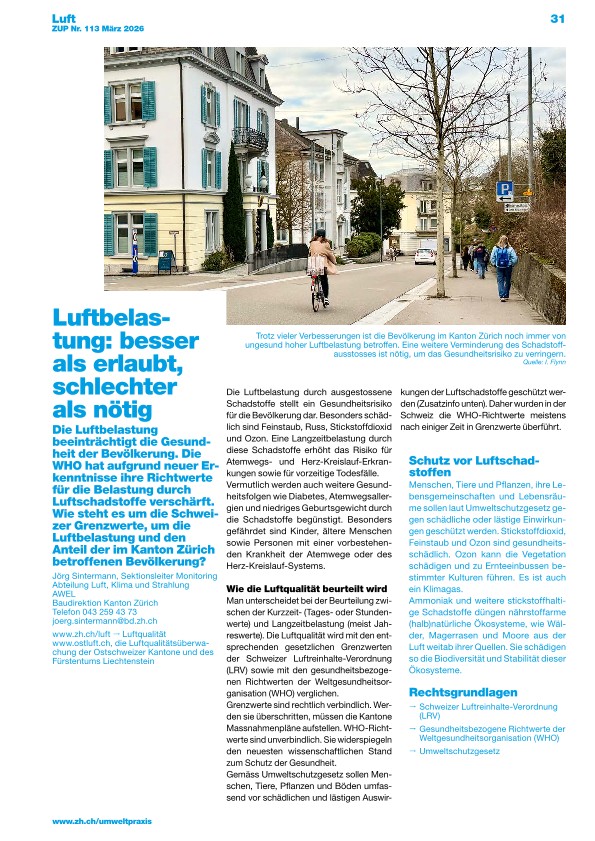 Zürcher Umweltpraxis und Raumentwicklung 113: Luftbelastung: besser als erlaubt, schlechter als nötig