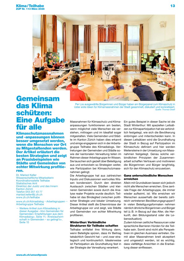 Zürcher Umweltpraxis und Raumentwicklung 113: Gemeinsam das Klima schützen: eine Aufgabe für alle
