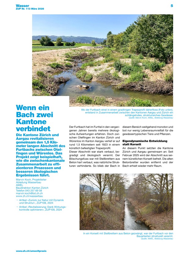 Zürcher Umweltpraxis und Raumentwicklung 113: Wenn eine Bachrevitalisierung zwei Kantone verbindet