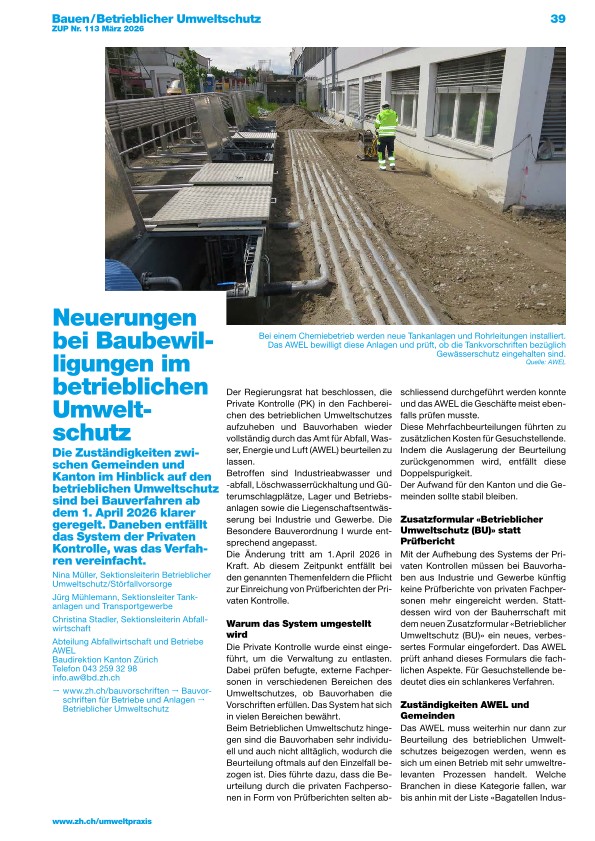 Zürcher Umweltpraxis und Raumentwicklung 113: Neuerungen bei Baubewilligungen im betrieblichen Umweltschutz
