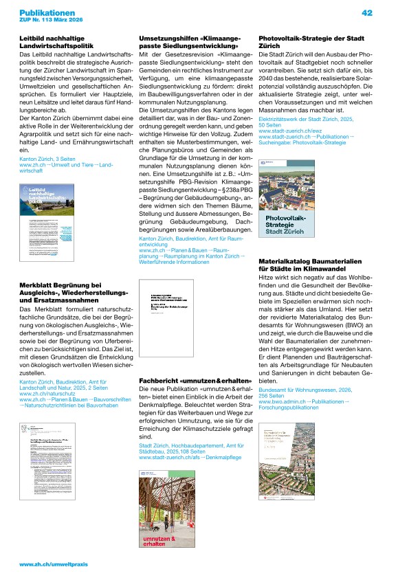 Zürcher Umweltpraxis und Raumentwicklung 113: Publikationen