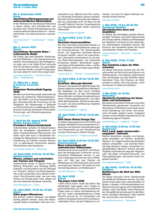 Zürcher Umweltpraxis und Raumentwicklung 113: Veranstaltungen