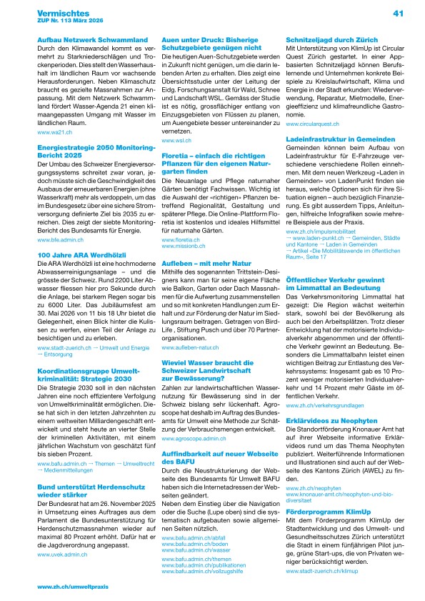 Zürcher Umweltpraxis und Raumentwicklung 113: Vermischtes