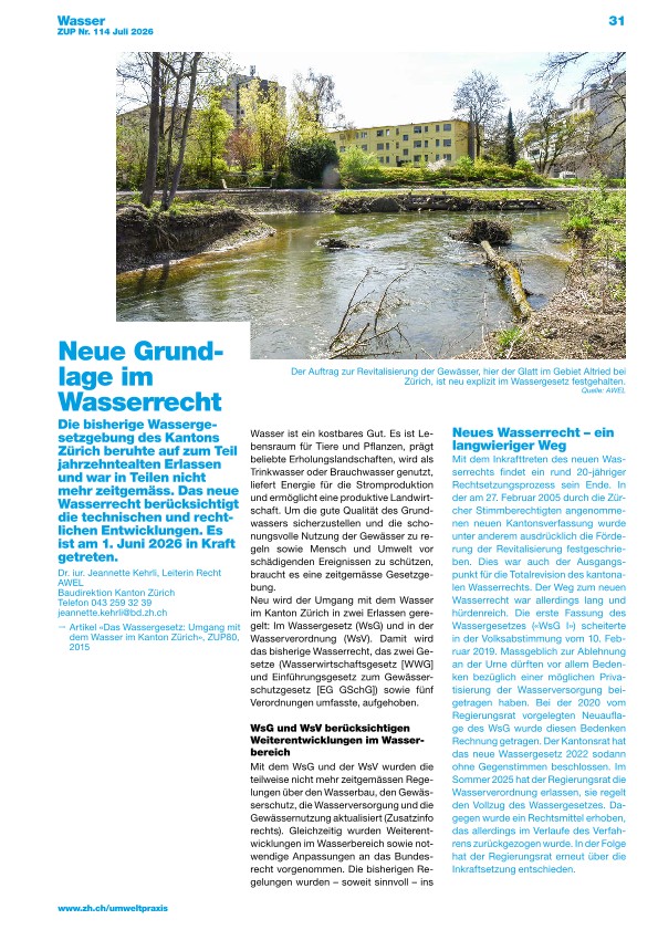 Zürcher Umweltpraxis und Raumentwicklung 114: Neue Grundlage im Wasserrecht