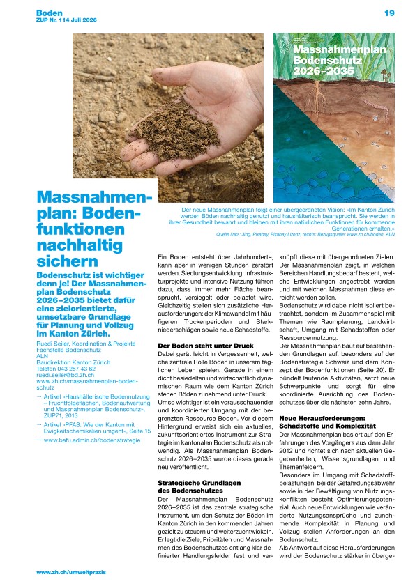 Zürcher Umweltpraxis und Raumentwicklung 114: Aktuelle und künftige Herausforderungen im Bodenschutz meistern